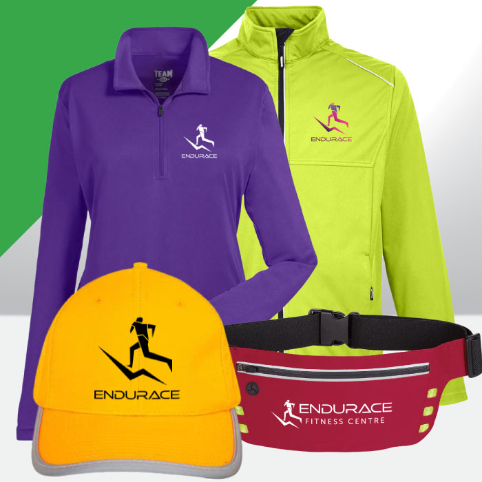 Our TT31W Ladies Team 365 Zone Performance Quarter-Zip, TT31 Men's Team 365 Zone Performance Quarter-Zip, HP_3026 Luminescent Safety Cap, and the HT_4204 Running Belt Fanny Pack.
