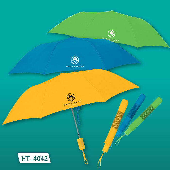 The HT_4024 Arc Neon Telescopic Folding Umbrella in green, blue, and yellow.